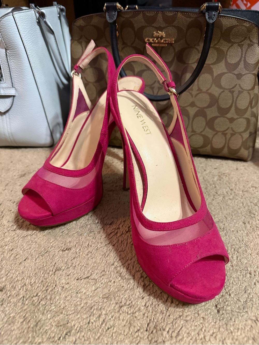 Nine West Hot Pink Mesh Slingback Peep-Toe Heels